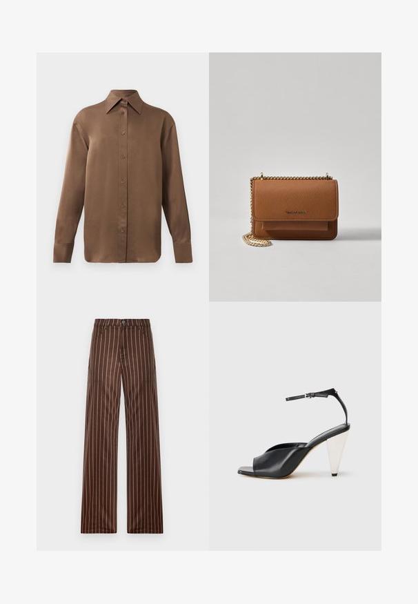 Ruda ilgų rankovių marškiniai su sagomis ir smailiais apykakle bei rankogaliais, išdėstyti prieš paprastą baltą foną.; Rudos dryžuoti plačios kojų kelnės, pagamintos iš lygaus audinio, su sagų uždarymu, dviem priekinėmis kišenėmis ir vertikaliomis kreminėmis juostelėmis.; Juodos odinės aukštakulnės šlepetės su atvira nosimi, asimetrišku dizainu, kulkšnies dirželiu ir metaliniu kūgio formos kulnu. Visas paviršius lygus.; Ruda tekstūruota odinė per petį nešama rankinė su auksiniu grandininiu dirželiu ir užlenkiamo užsegimo. Priekinėje pusėje yra logotipo detalė ir kišenė po užlenkimu.