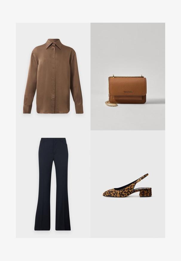 Braunes Langarmhemd mit Knopfverschluss, spitzem Kragen und Manschetten, vor einem schlichten weißen Hintergrund präsentiert.; Schwarze, ausgestellte Hosen aus leichtem Stoff, mit mittelhoher Taille, zwei Fronttaschen und glatter, ungemusterter Textur.; Damen-Slingback-Schuhe mit Leopardenmuster, niedrigem Blockabsatz und goldener Schnalle am Seitenriemen, im Seitenprofil auf einem schlichten Hintergrund dargestellt.; Braune strukturierte Ledertasche mit goldener Kettenriemen und Klappenverschluss. Die Vorderseite zeigt ein Logo-Detail und eine Tasche unter der Klappe.