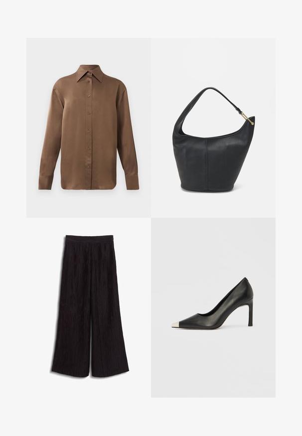 Brown long-sleeve button-up shirt with pointed collar and cuffs, displayed against a plain white background.; Black wide-leg pants made from textured fabric with vertical pleats. Features a high waist and a fluid, loose fit.; Black leather high heel shoe with a pointed toe and a metallic silver cap. Features a smooth finish and a slender 10 cm heel.; Black leather handbag with a rounded shape, a wide strap, and a textured finish. Features a subtle seam detail and a gold-tone hardware accent.