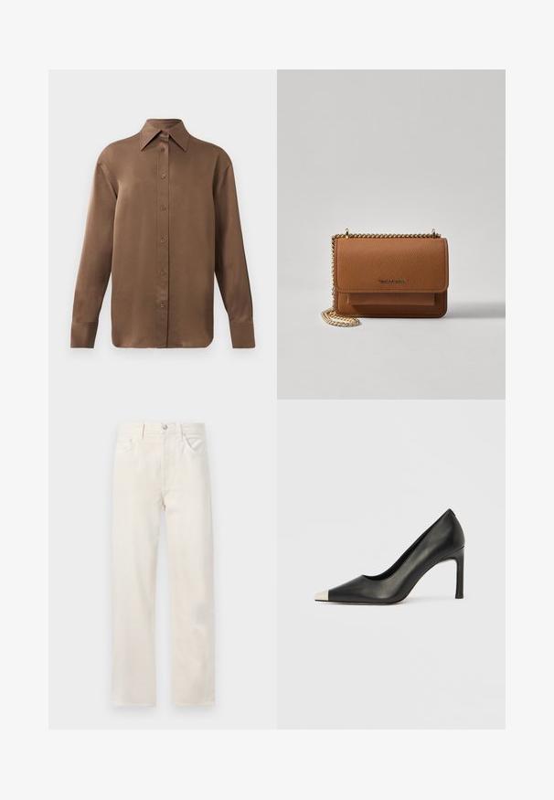 Rjav dolg rokav s srajco s gumbi in koničastimi ovratniki in manšetami, prikazana na enostavni beli podlagi.; Off-white trijevječni denim teksas hlače s petimi žepi, zankami za pas in gumbom ter zadrgo na pasu.; Črni usnjeni čevelj z visokim petom, s koničastim prstom in kovinsko srebrno kapico. Ima gladko površino in vitko peto višine 10 cm.; Rjava teksturirana usnjena torba čez ramo z zlatim verižnim trakom in zapiranjem na pokrov. Spredaj je vidna podrobnost logotipa in žep pod pokrovom.
