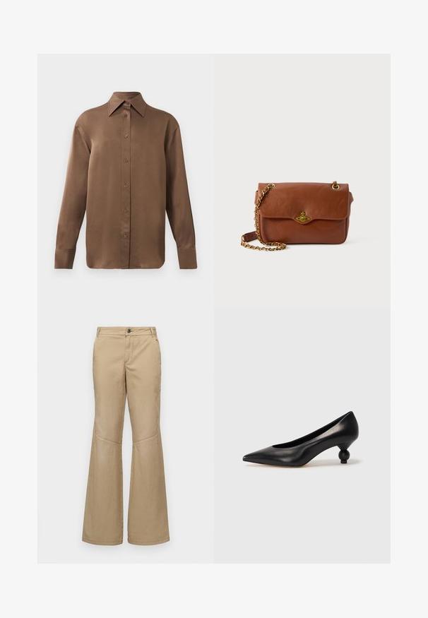 Brown long-sleeve button-up shirt with pointed collar and cuffs, displayed against a plain white background.; Beige wide-leg trousers with a button closure, front and side pockets, and stitching details, made from a lightweight, textured fabric.; Black leather high heel shoe with a pointed toe and a round, balled heel. Smooth texture with a sleek, minimal design.; Brown leather crossbody bag with a flap closure, gold hardware, and a chain strap. Smooth texture, rectangular shape, minimal detailing.