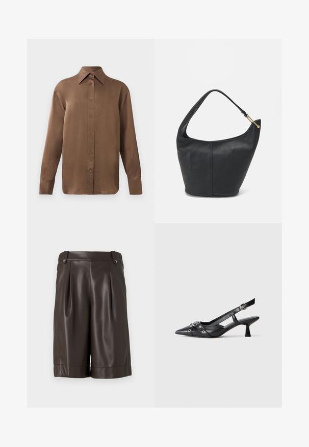 Brūns garās piedurknes pogājamais krekls ar norādītu apkakli un aprocēm, izlikts pret vienkāršu baltu fonu.; Brūni mākslīgās ādas šorti ar pleķu dizainu, līdzeno priekšpusi un salocītām piedurknēm. Iekļauj divus sānu pogas jostasvietā. Gluda tekstūra.; Melnas ādas šlipsveida kurpes ar norādītu purngalu, dekoratīvām joslām ar metāla acīm un zemu bloku papēdi. Teksturēta virsma.; Melnas ādas rokassomi ar noapaļotu formu, platu siksnu un strukturētu apdari. Iezīmējas ar nelielām šuvju detaļām un zelta tonī izstrādātu aparatūru.