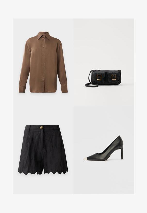 Hnedá košeľa s dlhým rukávom, so zapínaním na gombíky, s špicatým golierom a manžetami, vystavená na jednoduchom bielom pozadí.; Čierne kraťasy s textúrovaným povrchom, zdobené nepravidelným lemom, elastickým pásom a detailom zlatého kovania vpredu.; Čierna kožená lodička s vysokým opätkom, špičkou a kovovou striebornou špičkou. Má hladký povrch a štíhly 10 cm opätok.; Čierna kožená crossbody taška s dvoma prednými vreckami, zlatými sponami, zipsovým uzatváraním a úzkym popruhom. Štruktúrovaný povrch a kompaktný obdĺžnikový tvar.