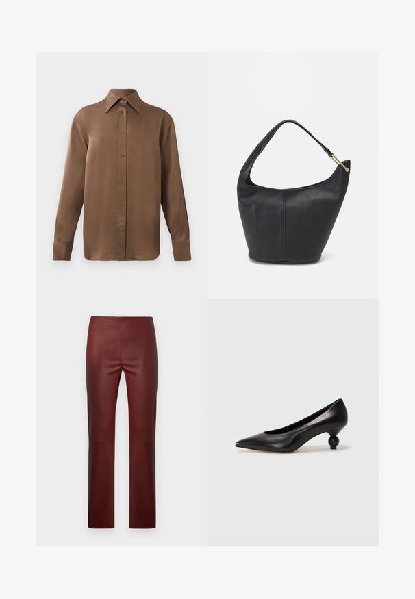 Brown long-sleeve button-up shirt with pointed collar and cuffs, displayed against a plain white background.; Burgundy faux leather pants with a slim fit, featuring a smooth texture, straight leg design, and no visible hardware or accents.; Black leather high heel shoe with a pointed toe and a round, balled heel. Smooth texture with a sleek, minimal design.; Black leather handbag with a rounded shape, a wide strap, and a textured finish. Features a subtle seam detail and a gold-tone hardware accent.