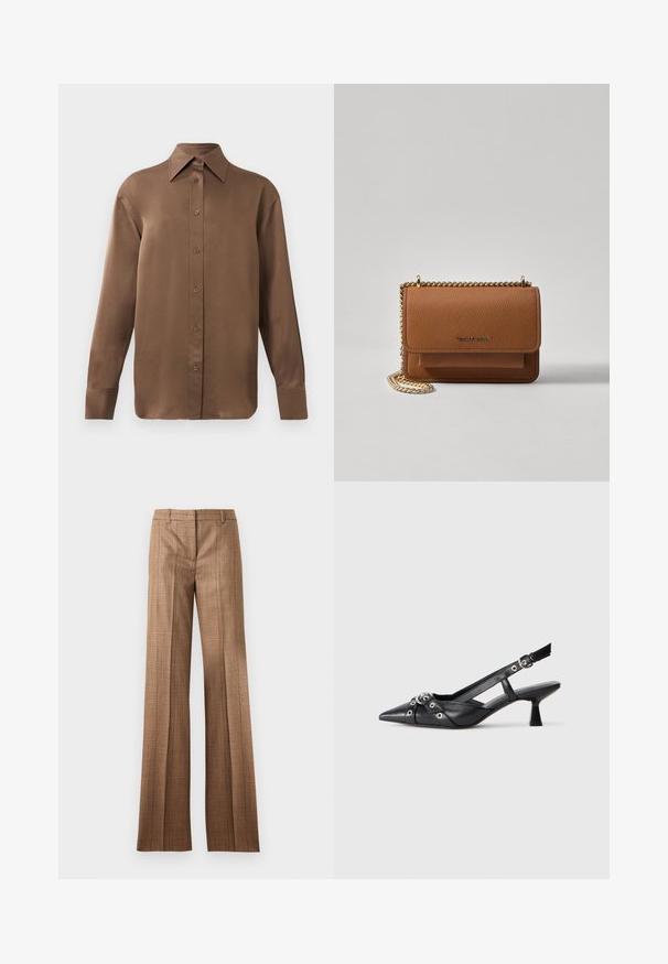 Smeđa košulja s dugim rukavima, s gumbima i šiljastim ovratnikom i manžetama, prikazana na jednostavnoj bijeloj pozadini.; Braon karirane hlače ravnog kroja s petljama za remen i prednjim naborom na svijetlosivoj pozadini.; Crne kožne cipele s remenom oko pete, s izduženim vrhom, dekorativnim trakama s metalnim rupama i niskom blok petom. Teksturirana površina.; Smeđa kožna torba preko tijela s teksturom, zlatnim lančićem i preklopom na zatvaranju. Na prednjoj strani nalazi se detalj s potpisom i džep ispod preklopa.
