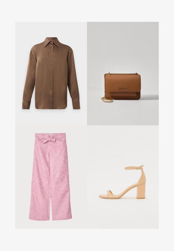 Brown long-sleeve button-up shirt with pointed collar and cuffs, displayed against a plain white background.; Pink, wide-leg trousers with a smooth, textured finish. Features a belted waist and front slits at the hem.; Nude patent leather heeled sandals with a square toe, ankle strap, and a chunky block heel. Smooth texture and minimal design details.; Brown textured leather crossbody bag with gold chain strap and flap closure. Front features logo detail and a pocket under the flap.