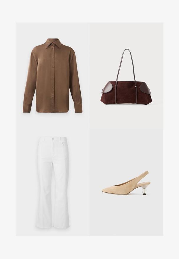 Camisa branca de mangas longas com botões e colarinho pontudo, exibida contra um fundo branco liso.; Calças de ganga brancas, com um corte flare e cintura alta, bolsos frontais e bainha desfiada. Feitas de denim com uma textura suave e detalhes de costura mínimos.; Sapato slingback em camurça bege com bico apontado e um salto arredondado transparente. Textura suave e design minimalista.; Bolsa de camurça castanha com acabamentos em pele, forma estruturada, duas alças de ombro e bordas arredondadas, apresentando uma textura suave e hardware mínimo.