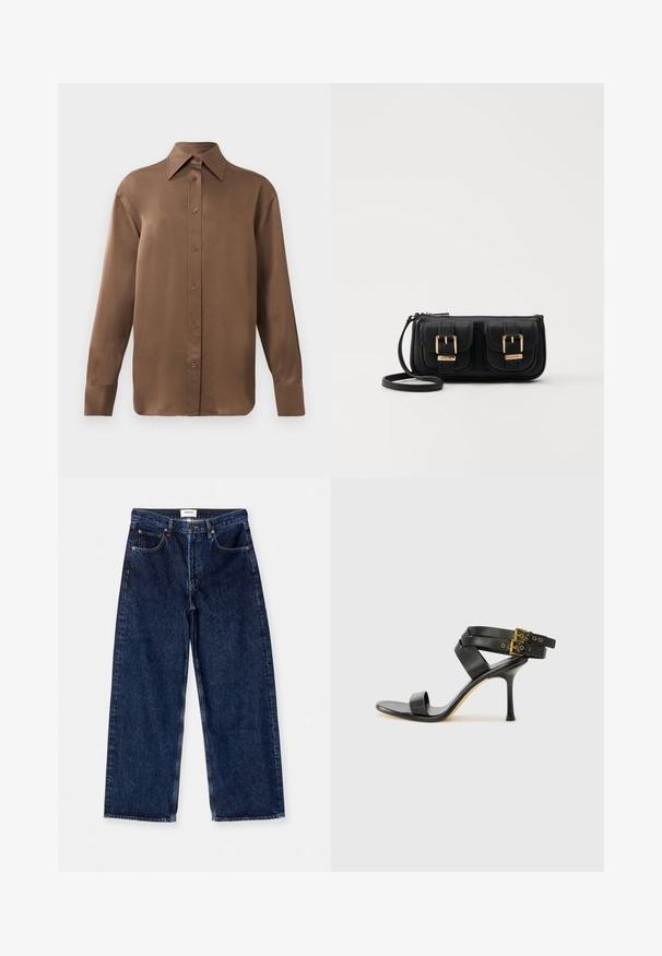 Rjav dolg rokav s srajco s gumbi in koničastimi ovratniki in manšetami, prikazana na enostavni beli podlagi.; Temno modri široki jeans hlače z visokim pasom, sprednjima žepoma in gladko teksturo z diskretnimi šivi.; Črne sandale na peto z križnimi trakovi in prilagodljivo zaponko. Imajo gladko teksturo in zožen peto.; Črna usnjena torbica čez ramo z dvema sprednjima žepoma, zlatimi zaponkami, zadrgo in ozkim pasom. Tekstura površine je strukturirana, obliko pa ima kompaktno pravokotno.