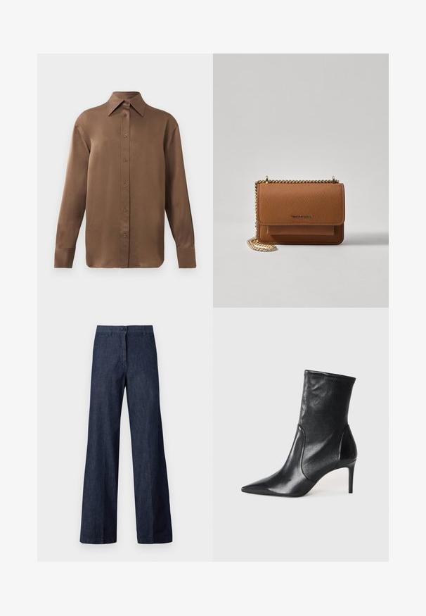 Ruda ilgų rankovių marškiniai su sagomis ir smailiais apykakle bei rankogaliais, išdėstyti prieš paprastą baltą foną.; Tamsi džinsinio audinio plačios kojos kelnės su priekine mygtuko kišene, dviem šoninėmis kišenėmis ir lygiu paviršiumi. Audinys turi švelnų blizgesį.; Juodi kulkšneliai, pagaminti iš lygaus odos, su smailiu nosiu, prigludusia ašimi ir siauru aukštu kulnu. Minimalistinis dizainas be matomų detalių.; Ruda tekstūruota odinė per petį nešama rankinė su auksiniu grandininiu dirželiu ir užlenkiamo užsegimo. Priekinėje pusėje yra logotipo detalė ir kišenė po užlenkimu.