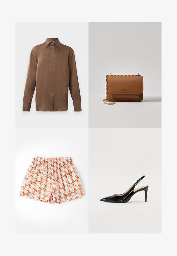 Camisa de botones de manga larga marrón con cuello y puños puntiagudos, exhibida sobre un fondo blanco liso.; Pantalones cortos blancos con un patrón de hojas de palma naranjas, cinturilla elástica y un corte holgado. Hechos de una tela ligera, adecuados para el clima cálido.; Zapatos de charol negro con tirante al tobillo, punta afilada, tacón delgado y un diseño de corte sutil. Presenta una hebilla dorada en la correa.; Bolso crossbody de cuero texturizado marrón con correa de cadena dorada y cierre de solapa. La parte frontal presenta un detalle de logo y un bolsillo debajo de la solapa.