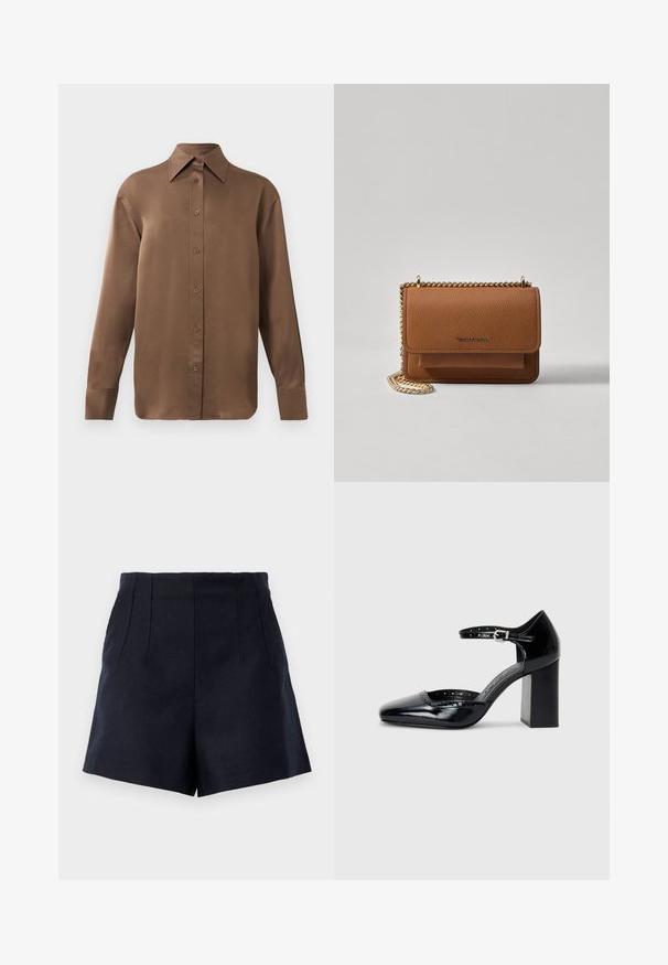 Camisa branca de mangas longas com botões e colarinho pontudo, exibida contra um fundo branco liso.; Calções azul-marinho com design ajustado, apresentando dois pregas frontais, uma textura suave e um corte reto até a altura da coxa.; Sapatos de salto alto em pele envernizada preta, com bico quadrado, tira no tornozelo e salto robusto. Inclui detalhes perfurados ao longo da borda.; Bolsa crossbody de couro texturizado castanho com alça de corrente dourada e fecho com aba. A parte da frente apresenta detalhe do logótipo e um bolso sob a aba.