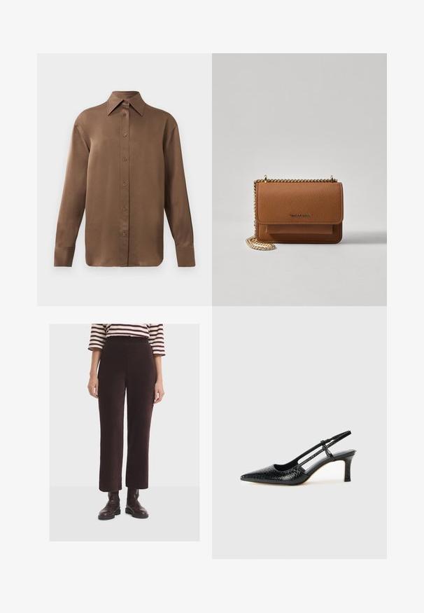Brown long-sleeve button-up shirt with pointed collar and cuffs, displayed against a plain white background.; Woman wearing dark brown ribbed wide-leg pants, brown leather ankle boots, and a white and burgundy striped shirt with three-quarter sleeves.; Black patent slingback heel with a pointed toe, featuring textured snake print, adjustable strap, and a short, textured block heel.; Brown textured leather crossbody bag with gold chain strap and flap closure. Front features logo detail and a pocket under the flap.