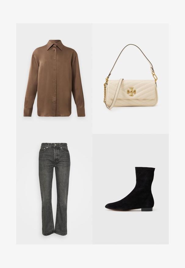 Brūns garās piedurknes pogājamais krekls ar norādītu apkakli un aprocēm, izlikts pret vienkāršu baltu fonu.; Melni augstās jostas vietas džinsi ar taisnas kāju griezumu. Iezīmē klasisku piecu kabatu dizainu un sudraba detaļām. Tekstūrēts denima audums.; Melnas zamšādas potīšu zābaki ar piegulošu kāju daļu, smailu purngalu un zemu bloku papēdi. Gluda tekstūra un minimālistisks dizains, piemērots dažādai stilizācijai.; Klāts krēmkrāsas rokassoma ar zelta logotipa akcentu, ar ķēdes un ādas siksnu. Strukturēts dizains un gluda virsma ar diogonālām šuvēm.