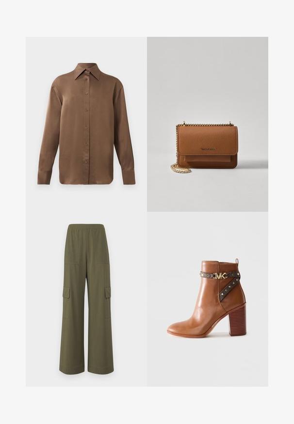 Brown long-sleeve button-up shirt with pointed collar and cuffs, displayed against a plain white background.; Wide-leg cargo pants in olive green, made of breathable fabric, featuring side pockets and a relaxed fit with a flat waistband.; Brown leather ankle boot with stacked block heel, side strap featuring gold studs and a gold "MK" logo buckle.; Brown textured leather crossbody bag with gold chain strap and flap closure. Front features logo detail and a pocket under the flap.