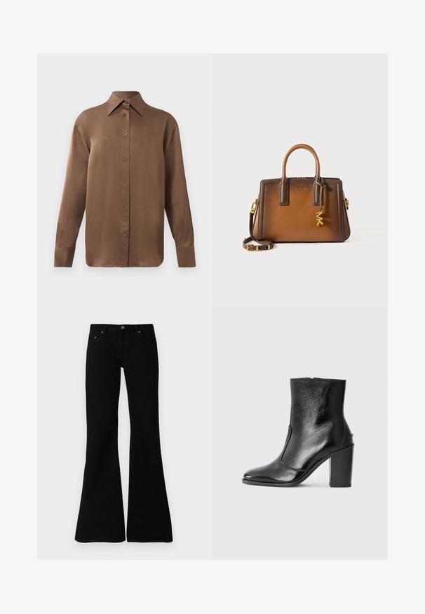 Smeđa košulja s dugim rukavima, s gumbima i šiljastim ovratnikom i manžetama, prikazana na jednostavnoj bijeloj pozadini.; Crne trapezaste traperice izrađene od denima, s klasičnim dizajnom od pet džepova, kopčanjem na gumb i suptilnim šavovima uz rubove.; Crna kožna čizma do gležnjeva s glatkom teksturom, špicastim vrhom i debelim visokim potpeticama. Ima bočni otvor i minimalistički dizajn.; Smeđa kožna torba s dvostrukim naramenicama, odvojivim rame-strapom, zlatnim dodacima i dekorativnim privjeskom s slovima "MK".