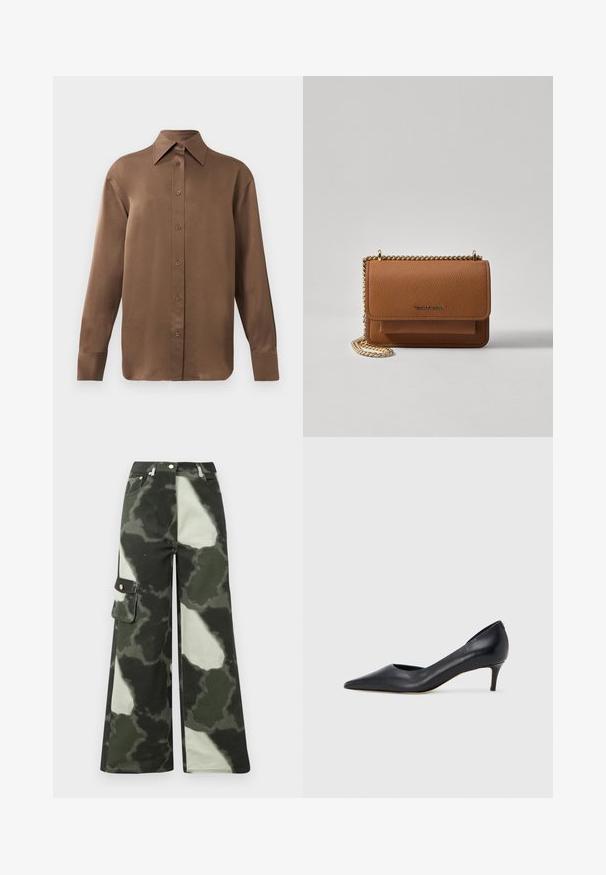 Pruun pikkade varrukatega nööbitav särk terava krae ja mansettidega, esitatud lihtsa valge tausta ees.; Laia säärega cargo püksid tumeroheline ja heegeldatud halli kamoflaažiga mustris. Omab küljetaskut ja metallnuppu, valmistatud vastupidavast puuvillamaterjalist.; Mustast nahast kontsakinga terava ninaga ja madala kontsaga. Omadused on sile pind ja peen läige. Esiosal on avatud lõige, mis lisab detaili.; Pruun tekstureeritud nahk ristkeha kott kuldse ahelaga rihmaga ja klapiga sulgemine. Esiküljel on logo detail ja tasku klapi all.