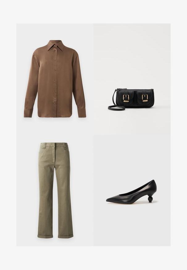 Brun langærmet skjorte med knapper, spids krave og manchetter, vist mod en simpel hvid baggrund.; Tan brede benbukser lavet af et blødt stof. Har en opredt kant, frontlommer og en lynlås med knaplukning.; Sort læder høje hæle med spids tå og rund, kugleformet hæl. Glat tekstur med et stilrent, minimalistisk design.; Sort læder crossbody taske med to frontlommer, guldspænder, lynlåslukning og en slank rem. Struktureret overflade og kompakt rektangulær form.
