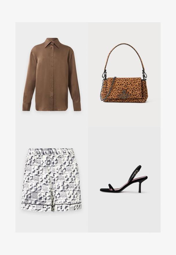 Brązowa, długosleeve koszula z guzikami, z ostrym kołnierzykiem i mankietami, prezentowana na jednolitym białym tle.; Białe szorty z czarnym abstrakcyjnym wzorem, elastycznym pasem i jednolitym czarnym wykończeniem na końcu. Wykonane z lekkiego materiału.; Czarne zamszowe damskie sandały na wysokim obcasie z cienkimi paskami i złotą klamrą na białym tle, widok z boku.; Torebka w panterkę wykonana z zamszu, z krótkim uchwytem, łańcuszkowym paskiem oraz czarnym zapięciem. Prostokątny kształt z klapką.