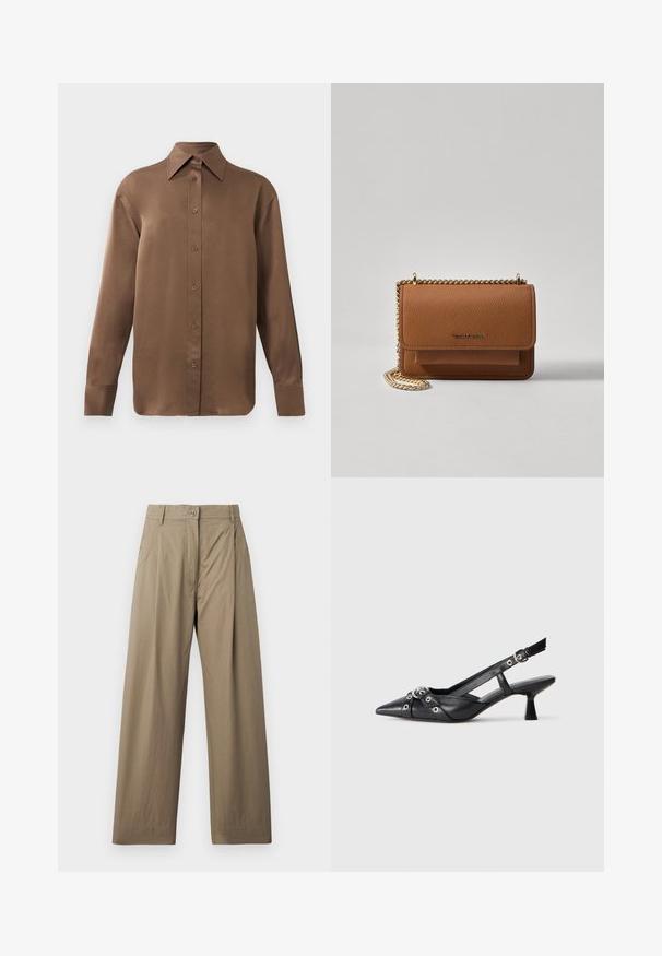 Rjav dolg rokav s srajco s gumbi in koničastimi ovratniki in manšetami, prikazana na enostavni beli podlagi.; Khaki široke hlače iz mešanice bombaža, z gumbom za zapiranje, stranskimi žepi in gladko teksturo z rahlim sijajem.; Črne usnjene sandale središnje zaponke z ostro konico, okrasnimi trakovi z kovinskimi očesi in nizko blokasto peto. Teksturirana površina.; Rjava teksturirana usnjena torba čez ramo z zlatim verižnim trakom in zapiranjem na pokrov. Spredaj je vidna podrobnost logotipa in žep pod pokrovom.