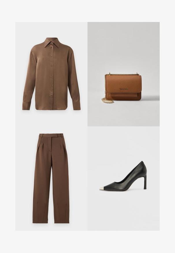 Camisa branca de mangas longas com botões e colarinho pontudo, exibida contra um fundo branco liso.; Calças castanhas feitas de tecido suave, com uma cintura alta, pregas frontais e um corte relaxado. Apresenta bolsos laterais e pernas ajustadas.; Sapato de salto alto em couro preto com bico apontado e biqueira metálica prateada. Apresenta um acabamento liso e um salto esguio de 10 cm.; Bolsa crossbody de couro texturizado castanho com alça de corrente dourada e fecho com aba. A parte da frente apresenta detalhe do logótipo e um bolso sob a aba.