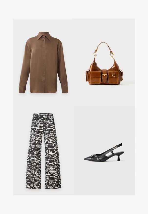 Brown long-sleeve button-up shirt with pointed collar and cuffs, displayed against a plain white background.; Wide-leg pants in a black and cream zebra stripe pattern. Made from textured fabric with a classic waistband and front pockets.; Black leather slingback shoe with a pointed toe, decorative straps featuring metal eyelets, and a low block heel. Textured surface.; Brown leather handbag with a curved shape, dual gold-tone hardware, two front pockets, and a wide strap. Smooth texture with a sleek finish.