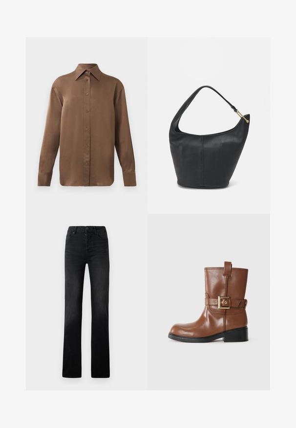 Camisa branca de mangas longas com botões e colarinho pontudo, exibida contra um fundo branco liso.; Jeans de ganga preta de perna reta com desbotamento subtil, cinco bolsos e fecho de botão. Textura suave com detalhes de costura mínima.; Bota de tornozelo em couro castanho, com bico arredondado, detalhe em fivela dourada na faixa e um salto baixo e texturizado na cor preta. Design simples e elegante.; Bolsa de mão em pele preta com uma forma arredondada, uma alça larga e um acabamento texturizado. Apresenta um discreto detalhe de costura e um acabamento em metal dourado.