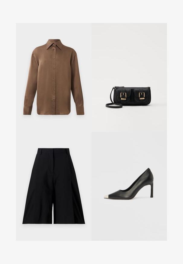 Kahvi pitkähihainen napitettava paita, jossa on terävä kaulus ja hihansuut, esillä yksinkertaisen valkoisen taustan edessä.; Tiger of Sweden SEDE - Shortsit - black; Musta nahkainen korkokenkä, jossa on kärkiosa ja metallinen hopeanvärinen kärki. Kenkä on sileäpintainen ja siinä on kapea 10 cm korko.; Musta nahkainen olkalaukku, jossa on kaksi etutaskua, kultaiset soljet, vetoketjukiinnitys ja kapea hihna. Teksturoidun pinnan ja kompaktin suorakaiteen muoto.