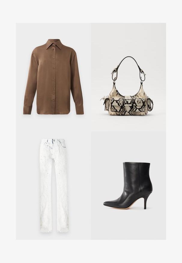 Ruda ilgų rankovių marškiniai su sagomis ir smailiais apykakle bei rankogaliais, išdėstyti prieš paprastą baltą foną.; Balti džinsai su struktūrizuotu paviršiumi, su mėlynais purslais, tiesaus kirpimo, su priekiniais kišenėmis ir diržo kilpelėmis.; Juodos odinės kulkšninių botų su smailiu nosiu, siauru stiletto kulnu ir lygia tekstūra. Minimalistinis dizainas, be matomų aparatūros ar akcentų.; Python-print rankinė smėlio ir juodos spalvos, su struktūrizuota forma, sagties detale ir dviem petnešomis. Textūruotas paviršius.