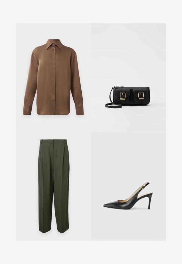Cămașă lungă cu mânecă, de culoare maro, cu guler și manșete ascuțite, prezentată pe un fundal alb simplu.; Pantaloni de culoare verde olive, confecționați dintr-un material neted, având talie înaltă, față pliată și siluetă evazată. Fără buzunare vizibile sau elemente decorative.; Cizme negre din piele cu toc înalt slingback, cu vârf ascuțit, curea ajustabilă și un toc stiletto elegant, având un finisaj neted.; Geantă neagră din piele, tip crossbody, cu două buzunare frontale, catarame aurii, închidere cu fermoar și o curea subțire. Suprafață texturată și formă rectangulară compactă.