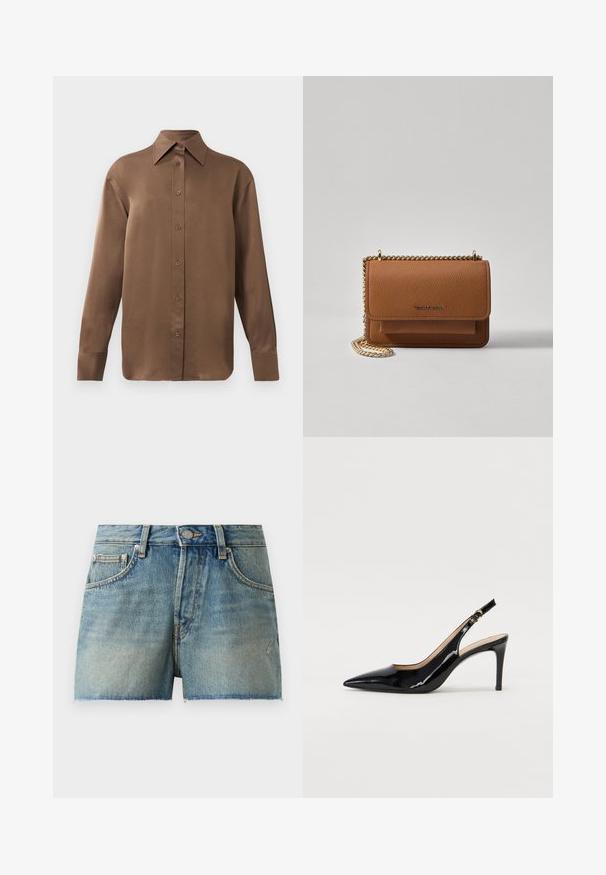 Ruda ilgų rankovių marškiniai su sagomis ir smailiais apykakle bei rankogaliais, išdėstyti prieš paprastą baltą foną.; Šviesiai mėlyni džinsiniai šortai, su aukštu juosmeniu, nusidėvėjusiais kraštais ir tradiciniu penkių kišenių dizainu su metaliniais akcentais.; Juodas lakinės odos slingback batelis su smailiu nosiu, plonu kulnu ir subtiliu išpjovos dizainu. Yra auksinė sagtis ant dirželio.; Ruda tekstūruota odinė per petį nešama rankinė su auksiniu grandininiu dirželiu ir užlenkiamo užsegimo. Priekinėje pusėje yra logotipo detalė ir kišenė po užlenkimu.