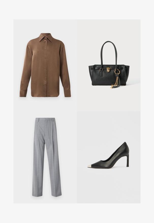 Kahvi pitkähihainen napitettava paita, jossa on terävä kaulus ja hihansuut, esillä yksinkertaisen valkoisen taustan edessä.; Harmaat, kevyet housut muotoilulla, joissa on sileä pinta, hienovarainen kuvio ja kaksi etutaitosta lisäyksinä.; Musta nahkainen korkokenkä, jossa on kärkiosa ja metallinen hopeanvärinen kärki. Kenkä on sileäpintainen ja siinä on kapea 10 cm korko.; Musta nahkainen käsilaukku, jossa on kaksinkertaiset kahvat, kultainen lukko ja ketjuyksityiskohta, sekä musta-valkoinen tupsu koriste, valkoista taustaa vasten.