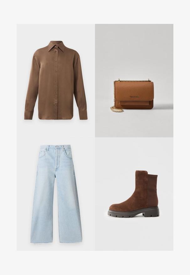 Pruun pikkade varrukatega nööbitav särk terava krae ja mansettidega, esitatud lihtsa valge tausta ees.; Heledad sinised laiad teksad, mis on valmistatud denimist, kõrge vöökohaga, esikottidega ja väljaulatuvate õmblusdetailidega. Alt on tooriku äär.; Pruun nahast ankle saapad elastsete külgpaneelidega, ümmargune varvas ja paks kummist tald, millel on tekstureeritud kulumisjälgede muster.; Pruun tekstureeritud nahk ristkeha kott kuldse ahelaga rihmaga ja klapiga sulgemine. Esiküljel on logo detail ja tasku klapi all.