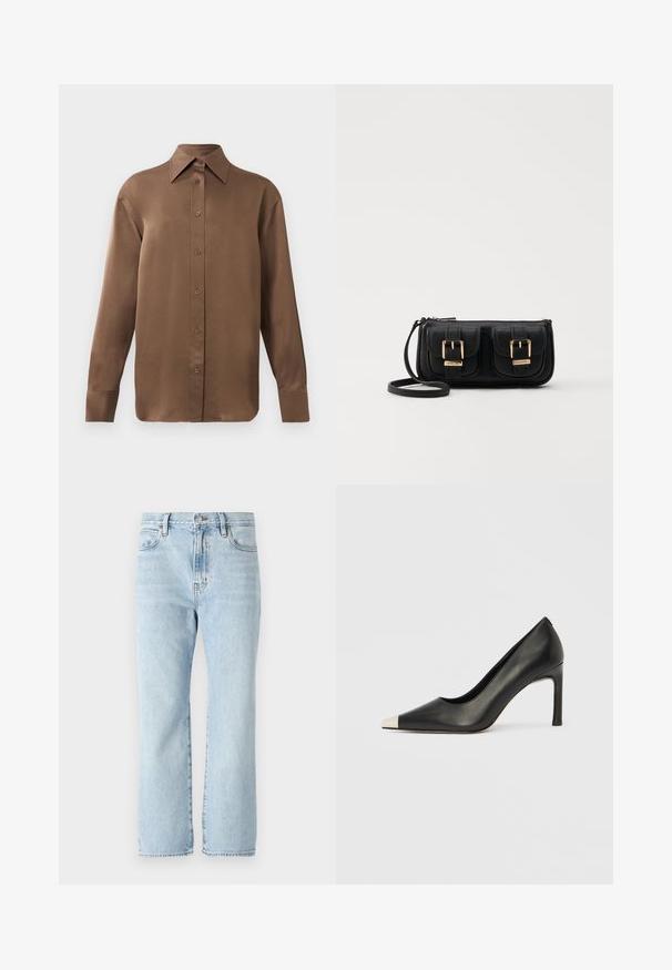 Braunes Langarmhemd mit Knopfverschluss, spitzem Kragen und Manschetten, vor einem schlichten weißen Hintergrund präsentiert.; Hellblaue Jeans aus Denim mit geradem Schnitt, mittelhohem Bund, Fronttaschen und fransigen Saumdetails. Klassischer Fünf-Taschen-Stil.; Schwarzer Lederschuh mit hohem Absatz, spitz zulaufender Zehenpartie und metallischer silberner Spitze. Verfügt über eine glatte Oberfläche und einen schlanken 10 cm hohen Absatz.; Schwarze Leder-Umhängetasche mit zwei vorderen Taschen, goldenen Schnallen, Reißverschluss und einem schmalen Tragegurt. Texturierte Oberfläche und kompakte rechteckige Form.