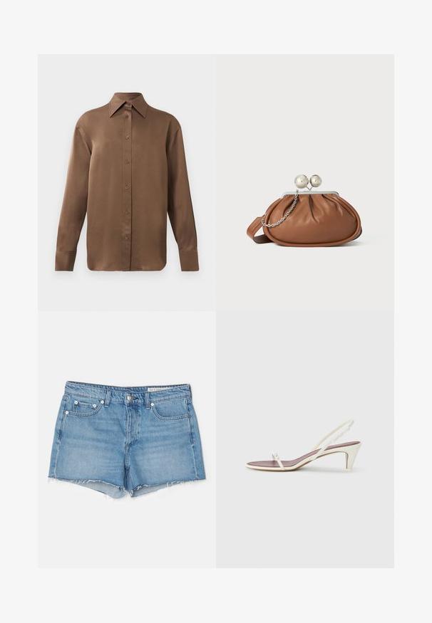 Camisa de botones de manga larga marrón con cuello y puños puntiagudos, exhibida sobre un fondo blanco liso.; rag & bone Shorts vaqueros - light blue; Sandalias blancas de goma con un ligero tacón, tiras delgadas y una textura de cuero suave; cuentan con una pequeña hebilla decorativa.; Bolso de mano de cuero marrón con cierre de bola plateada y un pequeño detalle de cadena plateada sobre un fondo blanco.