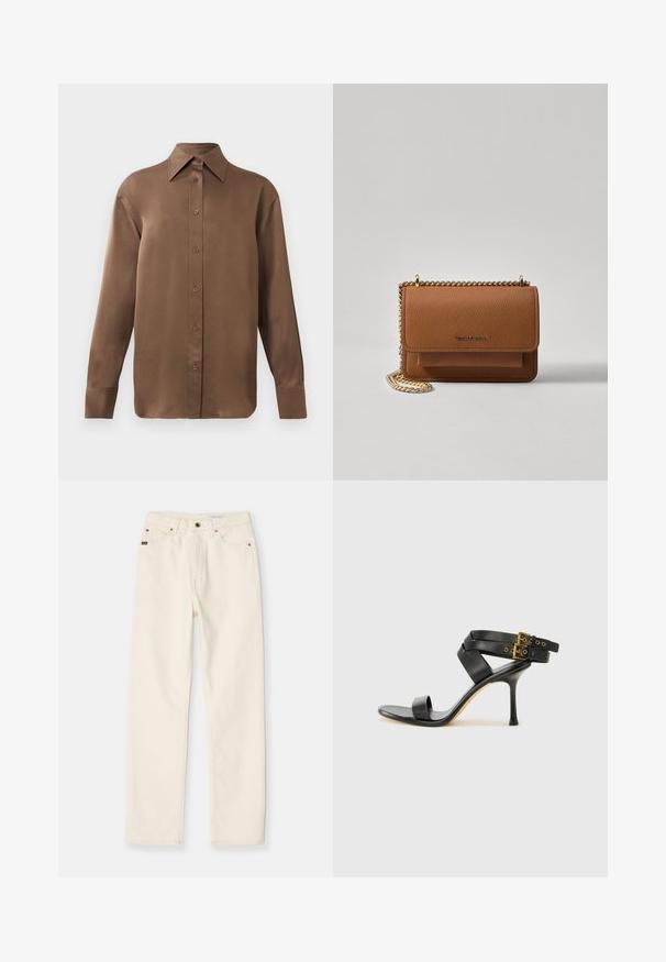 Hnedá košeľa s dlhým rukávom, so zapínaním na gombíky, s špicatým golierom a manžetami, vystavená na jednoduchom bielom pozadí.; Biele džíny s rovný strih, dizajnom s piatimi vreckami a viditeľným prešívaním. Obsahujú zapínanie na gombík a zips, s detailom značky.; Čierne sandále na podpätku s prekríženými popruhmi a nastaviteľnou prackou. Majú hladkú textúru a zúžený stiletto podpätok.; Hnedá textúrovaná kožená taška cez telo s zlatým reťazovým popruhom a preklopným uzáverom. Predná strana obsahuje detail s logom a vrecko pod preklopkou.