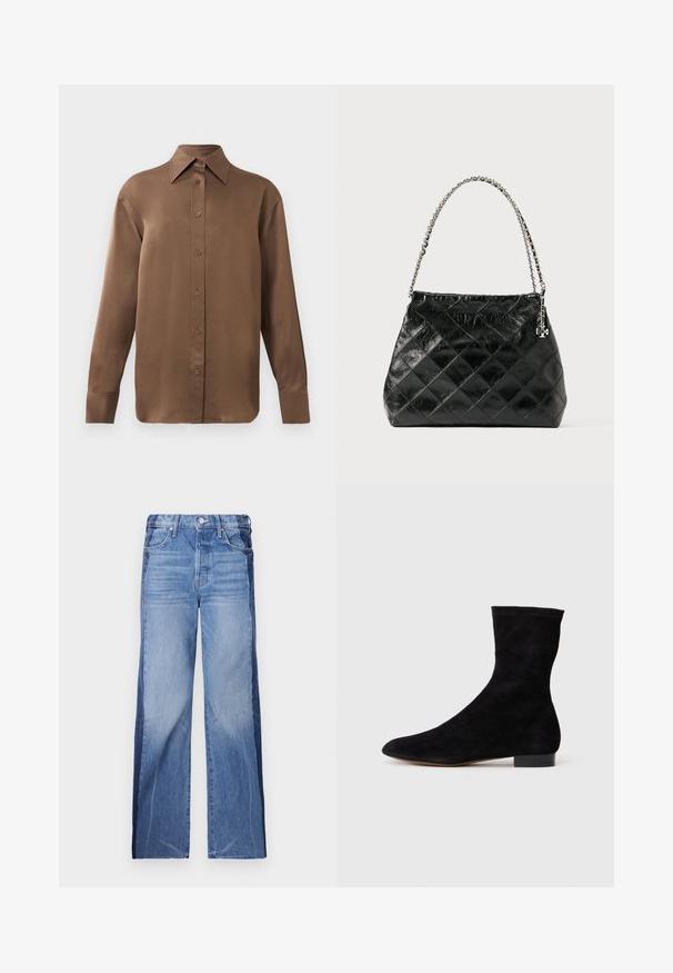 Ruda ilgų rankovių marškiniai su sagomis ir smailiais apykakle bei rankogaliais, išdėstyti prieš paprastą baltą foną.; Džinsai su plačiais kojomis, dviejų tonų mėlynos spalvos audinys su akcentuotais spalvų pjūviais, vidutinio aukščio liemuo ir standartinis penkių kišenių stilius.; Juoda zomšo kulkšnė su prigludusia ašimi, smailiu pirštu ir žemu bloku. Lygus paviršius ir minimalistiškas dizainas, tinkantis įvairiems stiliams.; Juoda pūsta odinė rankinė su sidabrine grandinėlės rankena, pasižyminti struktūruotu dizainu ir lygiu paviršiumi.