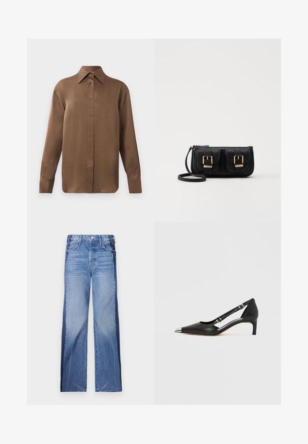 Brown long-sleeve button-up shirt with pointed collar and cuffs, displayed against a plain white background.; Denim jeans featuring a wide-leg design, two-tone blue fabric with distinct color sections, mid-rise waist, and standard five-pocket styling.; Black leather kitten heel with pointed silver toe cap and dual buckle straps on a white background.; Black leather crossbody bag with two front pockets, gold buckles, zipper closure, and a slim strap. Textured surface and compact rectangular shape.