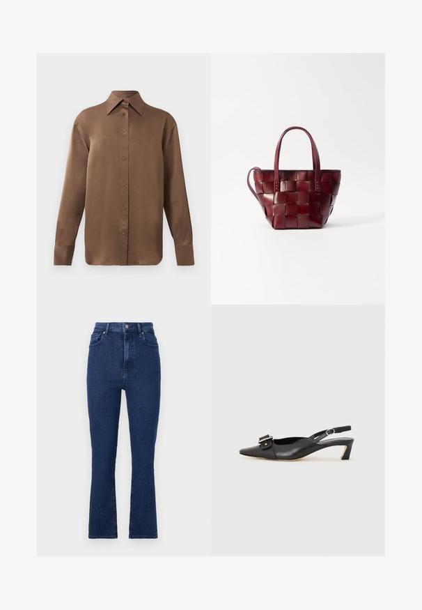 Ruda ilgų rankovių marškiniai su sagomis ir smailiais apykakle bei rankogaliais, išdėstyti prieš paprastą baltą foną.; Tamsiai mėlyni aukšto liemens džinsai iš denimo audinio, tiesaus kirpimo, su priekinėmis kišenėmis ir metaline sagtele.; Juodas odinis slingback batelis su smailiu nosiu, maža pakulne ir dekoratyvine sagtimi viršuje. Lygus paviršius, minimalistas dizainas.; Austas bordo odinis delninukas su dviem trumpais rankenomis ir nuimama petine juosta. Pasižymi struktūrine forma ir lygiu paviršiumi.