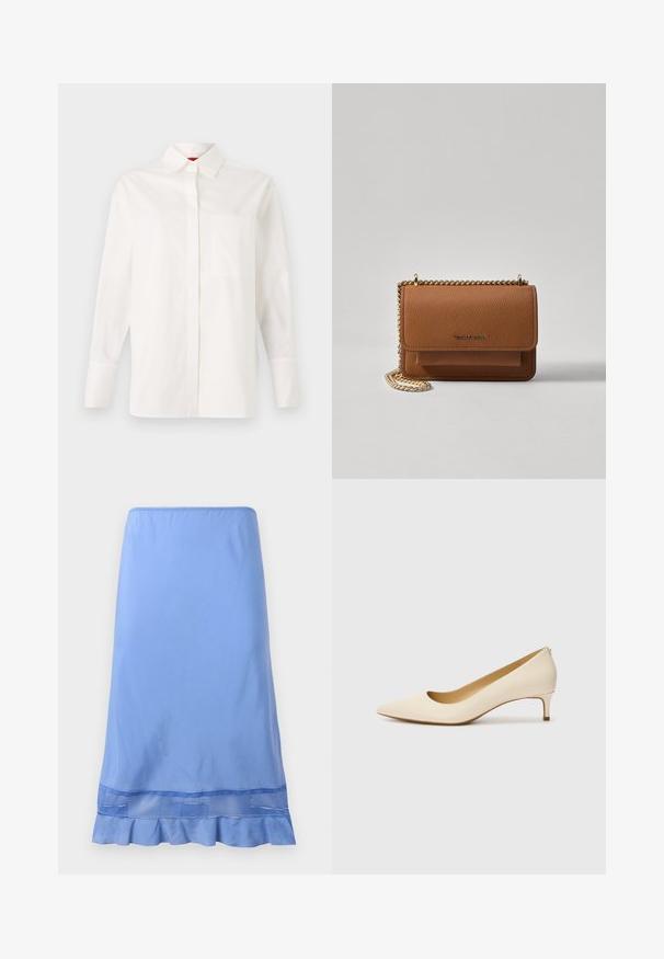Hvit langermet skjorte laget av bomull, med klassisk krage, enkelt brystlomme og knapper på mansjettene. Glatt tekstur, rett snitt.; Lyseblå, kne-lengde skjørt laget av glatt stoff, med en volangkant med meshdetalj nær bunnen. Enkel pådragning.; Beige spisset tå pumpe laget av glatt syntetisk materiale, med lav hæl og en slip-on design med en subtil bakdetalj.; Brun teksturert lær crossover-veske med gullkjede-stropp og klaffelukking. Fronten har logo-detalj og en lomme under klaffen.