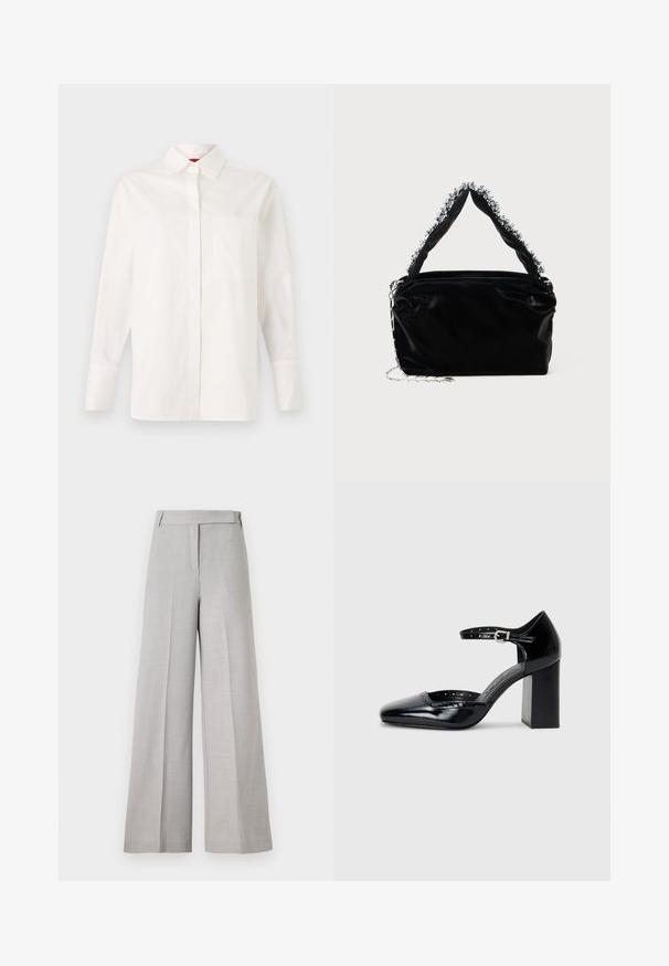 Vit långärmad skjorta i bomull, med klassisk krage, en bröstficka och knäppta mudd. Slät textur, rak skärning.; Ljust grå vida byxor med en slät textur, med en skräddarsydd midja och framfåll för en polerad look.; Svarta lackläders högklackade skor med fyrkantig tå, ankelrem och kraftig klack. Inkluderar perforerad detaljering längs kanten.; Svart handväska i konstläder med en strukturerad yta, med en pärlbesatt silverdetalj längs det övre handtaget och ett kedjestropp.