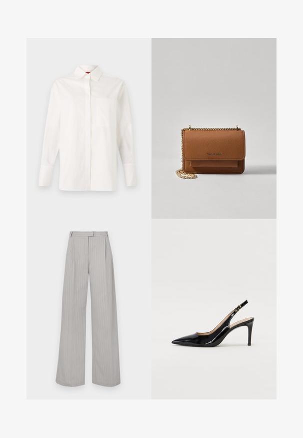 Balta ilgomis rankovėmis marškiniai, pagaminti iš medvilnės, su klasikiniais apykaklėmis, viena krūtinės kišenė ir mygtukais užsegamomis rankovėmis. Lygi tekstūra, tiesus siluetas.; Šviesiai pilkos plačios kelnės su vertikaliomis baltomis juostelėmis, turinčios priekinį raukšlėjimą ir plokščią juosmenį. Pagamintos iš lygaus audinio.; Juodas lakinės odos slingback batelis su smailiu nosiu, plonu kulnu ir subtiliu išpjovos dizainu. Yra auksinė sagtis ant dirželio.; Ruda tekstūruota odinė per petį nešama rankinė su auksiniu grandininiu dirželiu ir užlenkiamo užsegimo. Priekinėje pusėje yra logotipo detalė ir kišenė po užlenkimu.