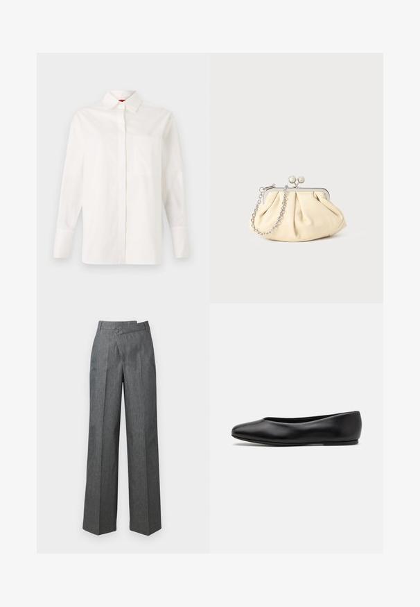 Chemise blanche à manches longues en coton, avec un col classique, une poche poitrine unique et des poignets boutonnés. Texture lisse, coupe droite.; Pantalons larges en tissu gris foncé, avec une taille haute, des plis à l'avant et une fermeture à un bouton sur le côté.; Paul Smith TOPANGA - Ballerines - black; Pochette en cuir beige plissé avec un cadre en métal argenté, dotée de deux fermoirs ronds décoratifs et d'une chaîne en argent.