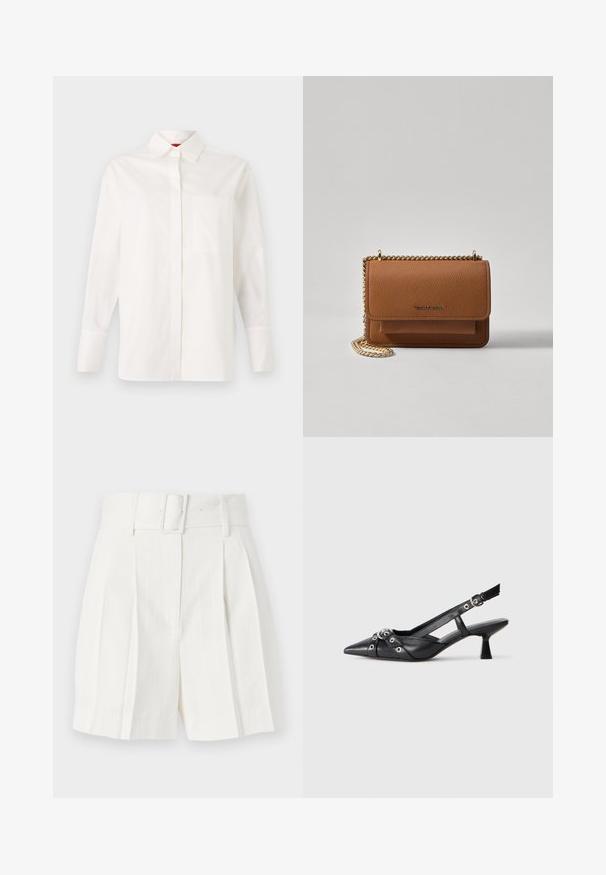 Witte lange mouwen shirt van katoen, met een klassieke kraag, een enkele borstzak en met knoopsluiting bij de mouwen. Soepele textuur, rechte snit.; sandro RECOUPE BRIDAL CAVERNI - Shorts - ecru; Zwarte leren slingback schoen met een puntige neus, decoratieve banden met metalen oogjes en een lage blokhak. Textuur oppervlak.; Bruine lederen schoudertas met textuur, voorzien van een gouden kettingstrap en klepsluiting. De voorkant heeft een logo-detail en een zak onder de klep.