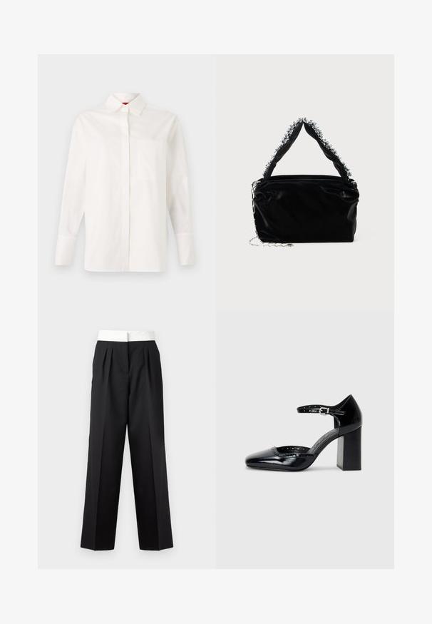 Biała koszula z długim rękawem wykonana z bawełny, z klasycznym kołnierzykiem, pojedynczą kieszonką na piersi i guzikami na mankietach. Gładka tekstura, prosty krój.; Czarne spódnice z plisami, z szerokim białym paskiem w talii, o prostym kroju i gładkiej fakturze, nadające zorganizowany wygląd.; Czarne lakierowane szpilki z kwadratowym noskiem, paskiem na kostkę i masywnym obcasem. Zawierają perforowane detale na krawędzi.; Czarna torebka z sztucznej skóry o teksturowanym wykończeniu, z koralikowym srebrnym akcentem wzdłuż górnego uchwytu oraz łańcuszkowym paskiem.