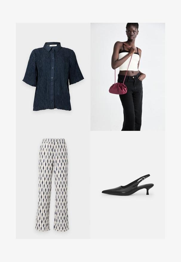 T-paita lyhythihaisena tummansinisena, jossa on teksturoitu, ryppyinen pinta, napitettava etuosa ja klassinen kaulus.; Vaaleat leveälahkeiset housut, joissa on toistuva tummansininen pisaramuotoilu. Elastinen vyötärö ja pehmeä rakenne lisäävät mukavuutta.; Mustan nahkainen slingback-kengät, joissa on terävä nenä ja kapea, kaareva korko. Varustettu huomaamattomalla säädettävällä hihnalla, jossa on metallinen solki.; Burgundi pehmeast kangast käekott, millel on kortsuline disain ja pikk rihm, kantud üle rinna. Modell kannab valget lühikest toppi ja musti teksaseid.