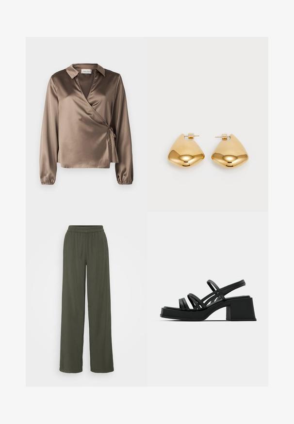 Rjava satenasta bluzo s dolgimi rokavi, ovratnikom in stranskim trakom. Gladka tekstura z rahlim sijajem, ki ima obliko V-izreza.; Olive zelena široka hlače z elastiko v pasu in mehkim materialom, ki imajo sproščen kroj brez vidnih vzorcev ali okraskov.; Črne sandalke na visoki peti z več tankimi trakovi in širokim blok petom. Elegantna zasnova z mat površino. Podplat ima rahlo krivino.; Zlato obarvani kovinski uhani z gladko, zaobljeno trikotno obliko in zasnovo s pritrditvijo na zadnji strani; odbojna površina z minimalnim detajliranjem.