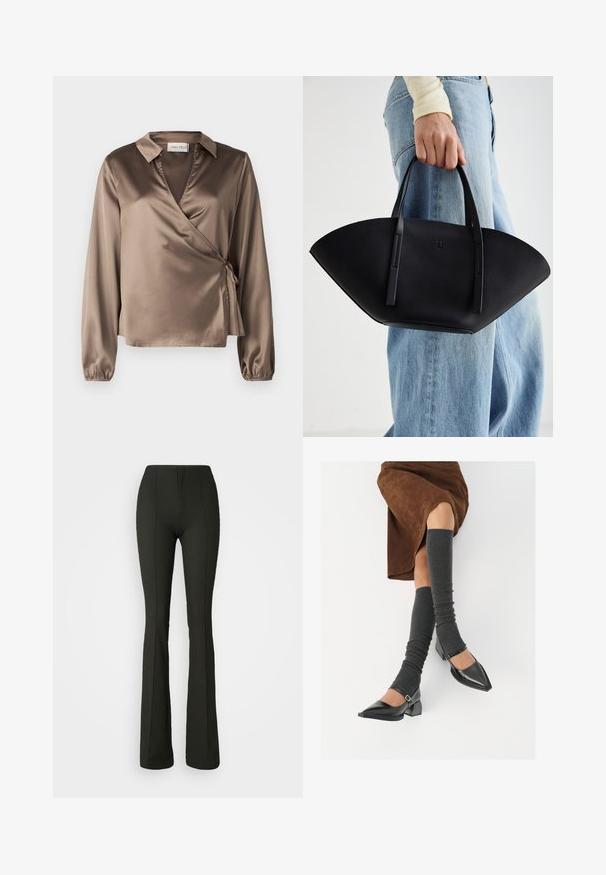 Hnedá saténová blúzka s dlhými rukávmi, golierom a detailom na bočnej kravate. Hladká textúra s jemným leskom, so strihom do V.; Ribované, tmavozelené široké nohavice s vysokým pásom a predným zipsom. Hladká textúra s krajkovým detalizovaním pozdĺž strán.; Čierne lakované kožené topánky s špicatou špičkou, blokovým podpätkom a členkovým remienkom, ktoré sú kombinované so šedými rebrovanými legínami a hnedou zamšovou sukňou.; Čierna kožená kabelka s jedinečným tvarom ventilátora, so plochými držadlami. Povrch má štruktúru s brúseným efektom a minimalistic design.