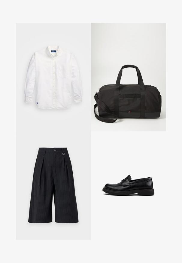 Witte katoenen blouse met lange mouwen, met een button-down kraag, een borstzak aan de linkerkant en een klein blauw logo aan de onderzijde links.; Zwarte pinstripe shorts met plooien, een knoopsluiting en een metalen ringaccent. Glad materiaal met een getailleerde pasvorm en een knie-lange uitstraling.; Zwarte leren instapper met ronde neus, Lage zool en decoratieve band over de bovenkant.; Zwarte sporttas van duurzaam materiaal, met dubbele handgrepen, een afneembare schouderriem, ritsafsluiting en een klein logo aan de onderkant.