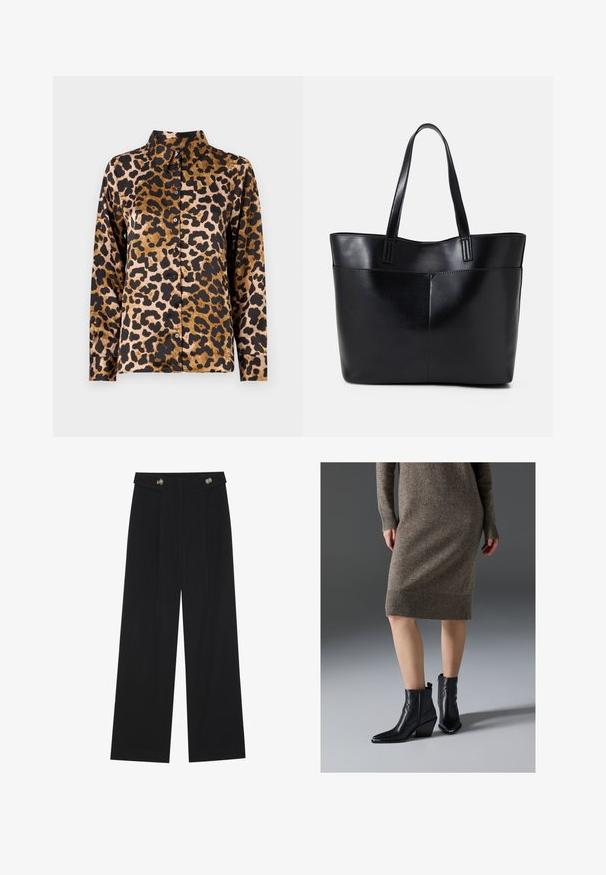 Pitkähihaisen nappikauluspaitaan kuuluu ruskeamusta leopardikuosi ja se on tasaisella vaalealla taustalla.; Mustat leveälahkeiset housut, joissa on korkea vyötärö, napit vyötärönauhassa ja etupuolella laskokset.; Musta nahkasaappaat nilkkapituisella, teräväkärkisellä muodolla, paksulla korolla ja sahalaitapistokkeilla, yhdistettynä ribatutuun ruskeaan neulemekkoon.; Musta nahkainen kassi, jossa on kaksi pitkää kahvaa, sileä pinta ja jämäkkä muoto. Sisältää etutaskun lisävarastointia varten.