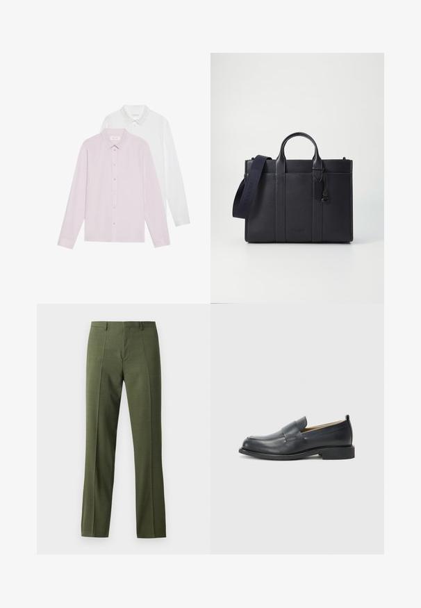 Twee overhemden met lange mouwen: één lichtroze, één wit. Beide hebben een spitse kraag en knoopsluiting. Glad stof zonder patronen.; Olijf groene op maat gemaakte broek met een soepele textuur, rechte snit en een voorplooi, ontworpen voor formele of semi-formele gelegenheden.; Zwarte leren loafers met een gladde afwerking, een platte zool en een ronde neus met een decoratieve band over de bovenkant.; Donkerblauwe leren aktetas met dubbele bovenhandgrepen en een afneembare schouderband. Kenmerkt zich door een gestructureerde afwerking, verticale stiksels en een logo-detail.